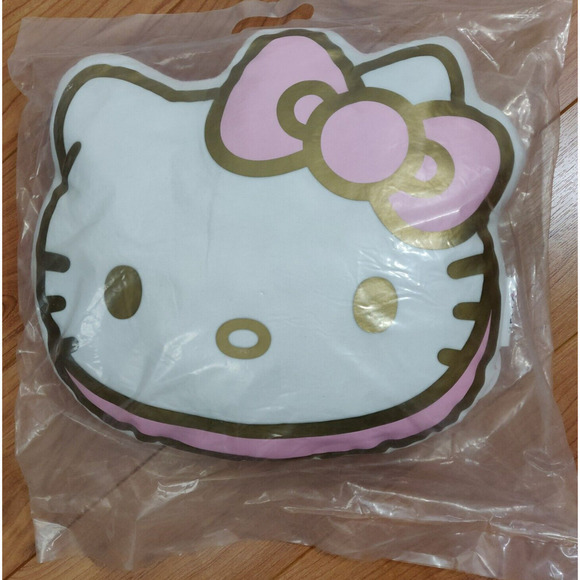 Hello Kitty Cafe Throw Pillow Sanrio Sugar Cookie Face Metallic Gold Pink NEW - Picture 1 of 8